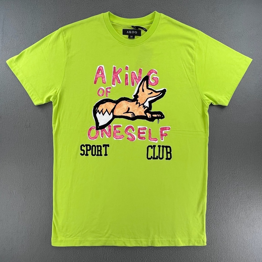 AKOO Men T-Shirt Cotton Neon Lime Green Size M Streetwear Graphic Fox Tee